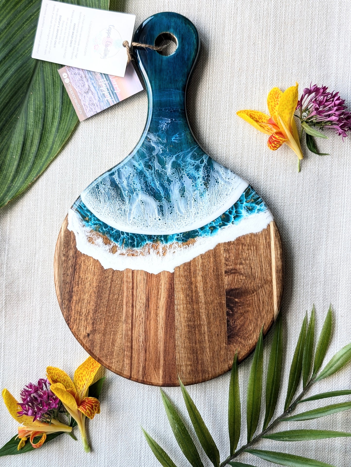 Blue Date Night Small Round Acacia Wood Wave Board