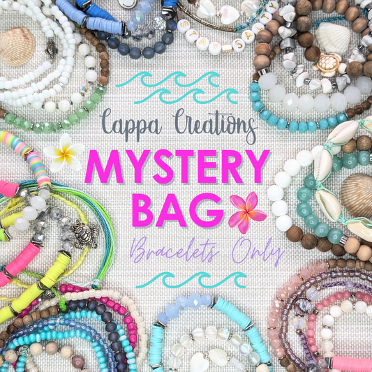 Cappa Creations Tropical bohemian jewelry inspired by the ocean and made with aloha, featuring our customizable beachy bracelets stacks, let your stack be a mystery
