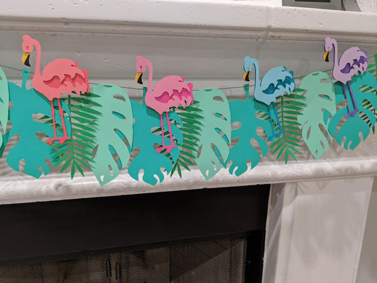 Cappa creations hand made paper banner, pool party decor, handmade designs, Hawaiian/ ocean birthday party theme, surfer birthday, tropical flamingo banner, birthday celebration, luau, bbq, tropical flamingos with monstera and palm leaves, colorful tropical birds