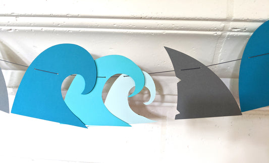 Cappa creations hand made paper banner, party decor, handmade designs, shark/ ocean birthday party theme, surfer birthday, Shark fin waves banner, birthday celebration.