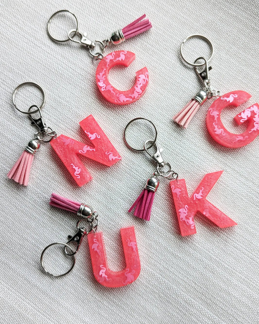 Hot Pink Flamingos Initial Key Chain