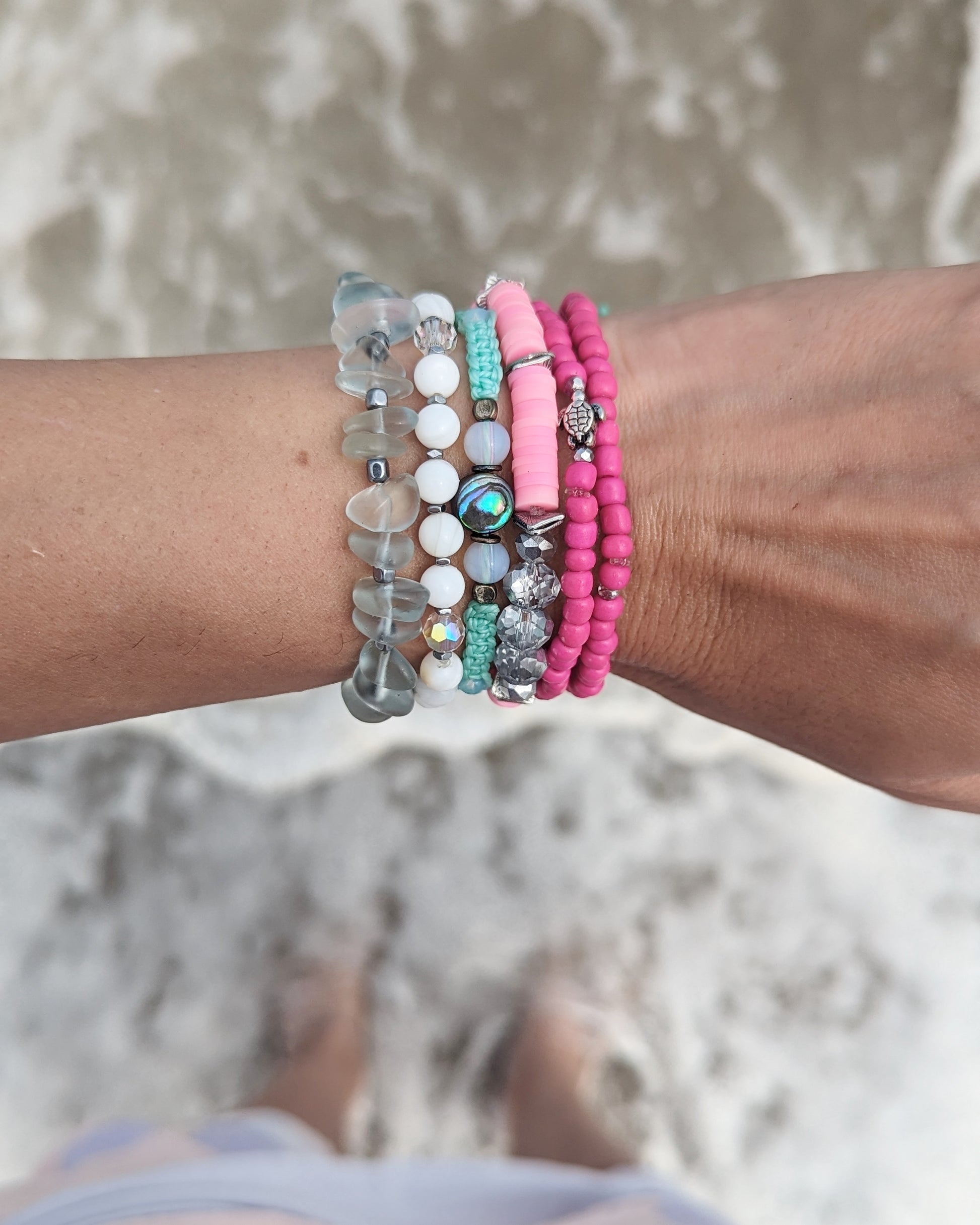 Cappa Creations Tropical bohemian jewelry inspired by the ocean and made with aloha, featuring our customizable beachy bracelets stacks