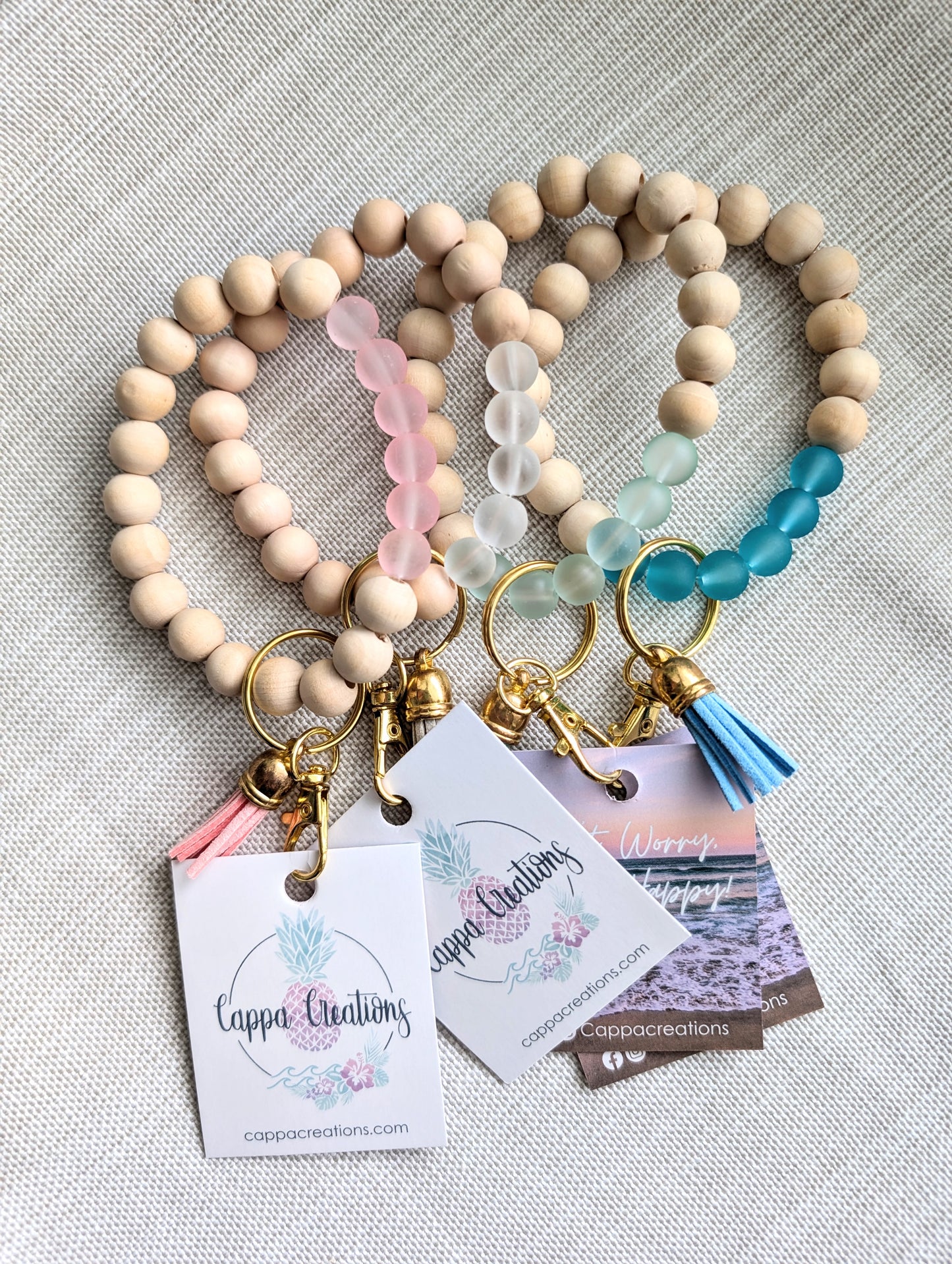 Cappa Creations Handcrafted Sea Glass Boho Wooden Key Ring Bracelet with Tassel