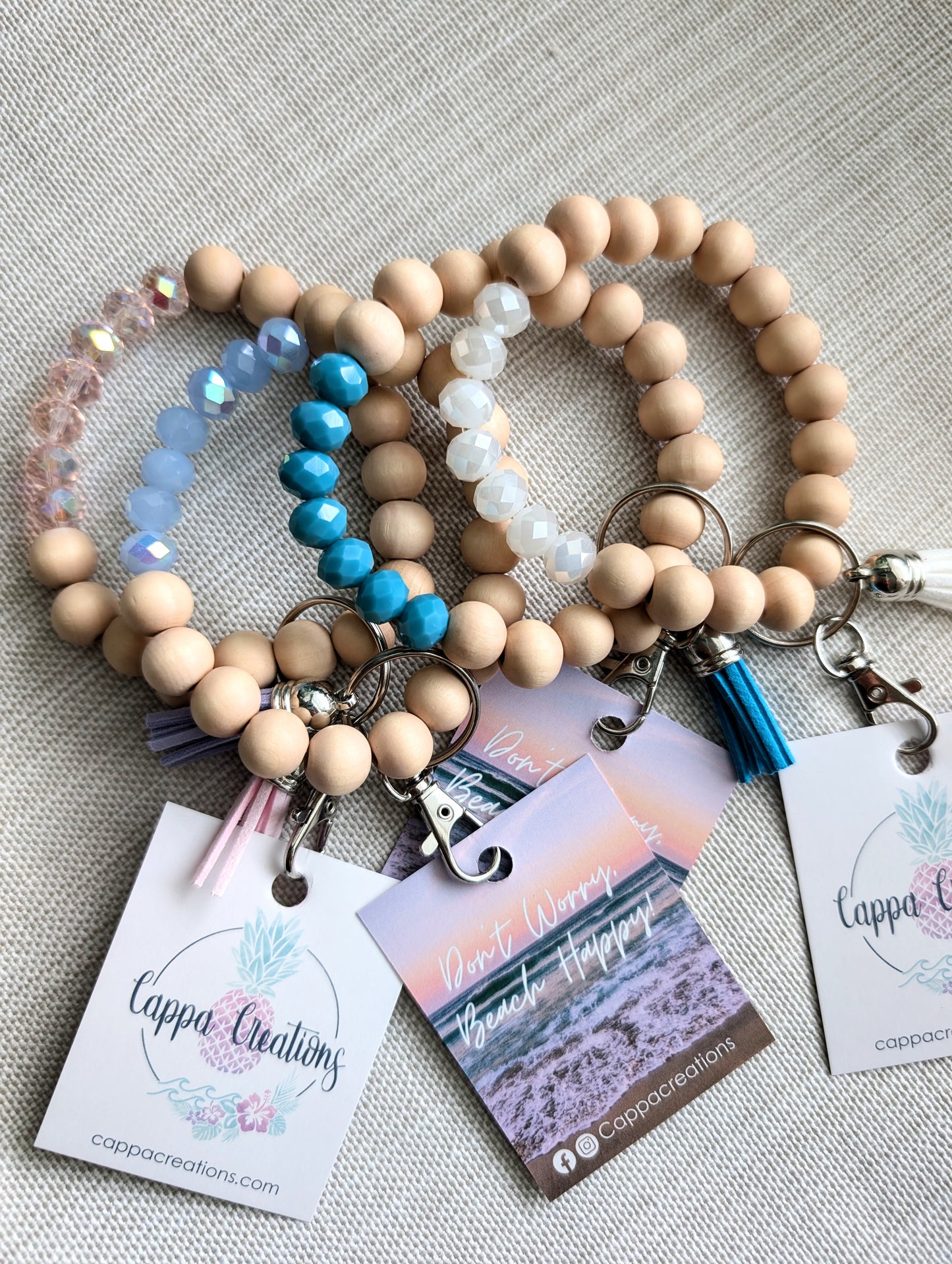 Cappa Creations Handcrafted Sparkling Glass Boho Wooden Key Ring Bracelets with Tassel