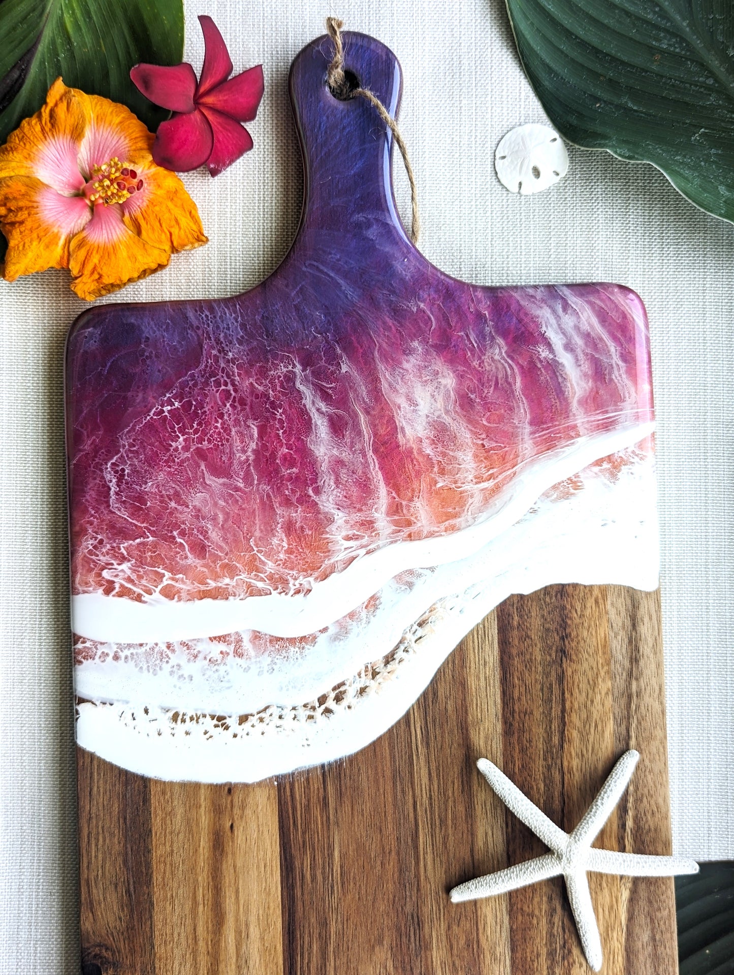 Cappa Creations coastal wave charcuterie board, handmade cheese board, serving tray, ocean art, resin wave board,  beach board, purple and pink sunset, Caribbean passion ocean waves, rustic acacia wood, large wave board.