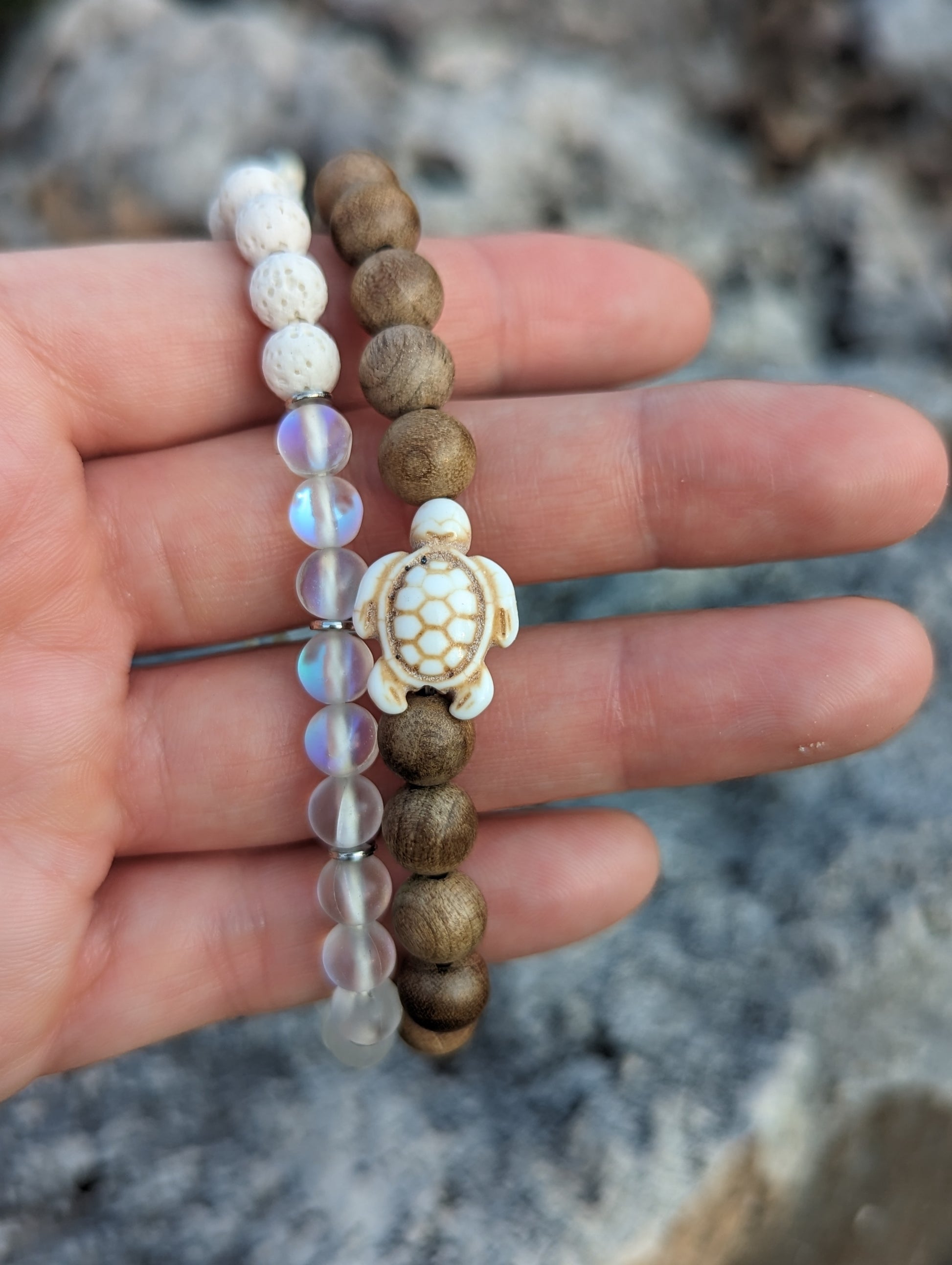 Cappa Creations Tropical bohemian jewelry inspired by the ocean and made with aloha, featuring our mermaid glass diffuser bracelets with iridescent mermaid glass beads and aromatherapy diffuser beads, perfect for diffusing essential oils