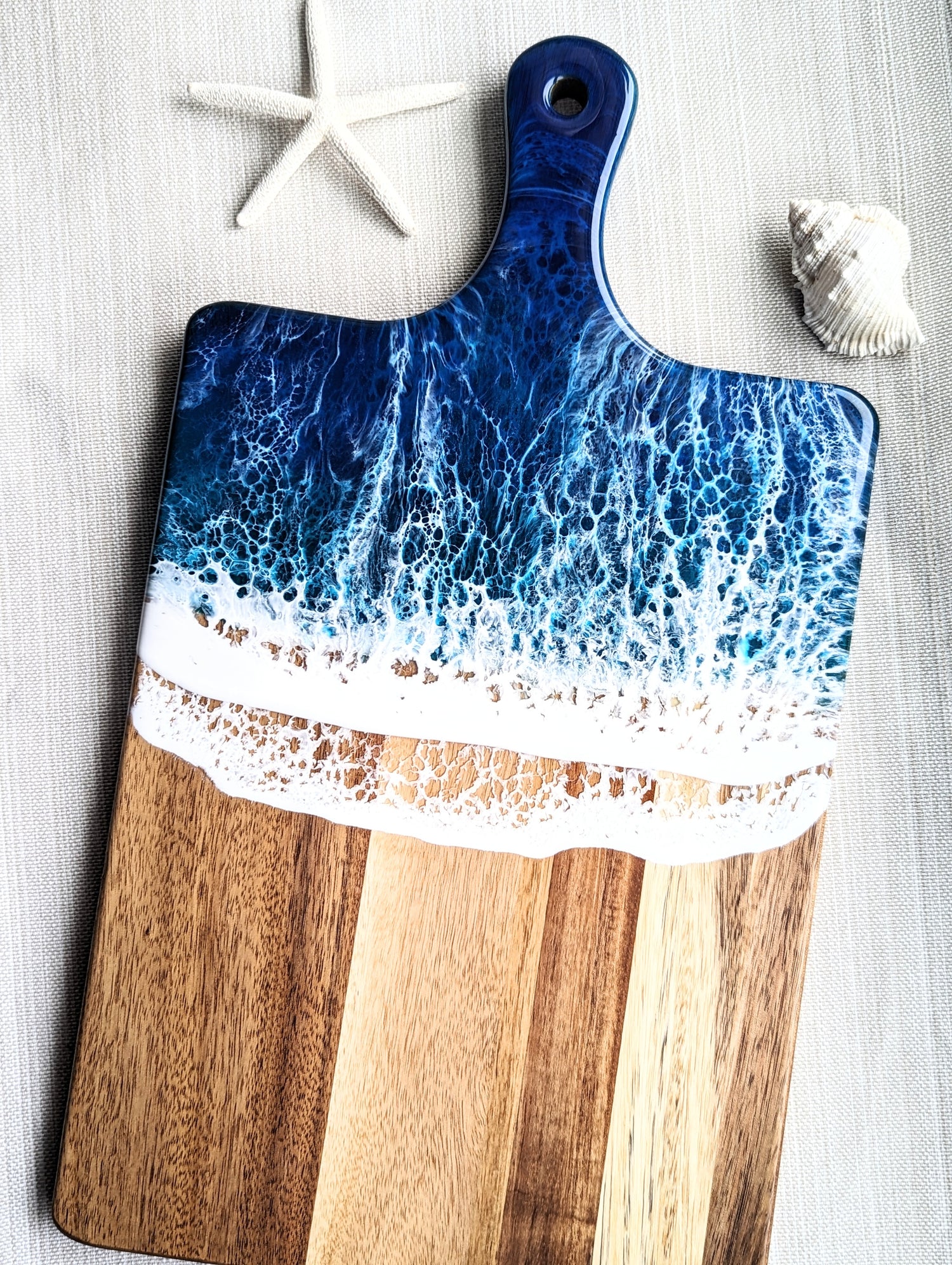 Cappa Creations coastal wave charcuterie board, handmade cheese board, serving tray, ocean art, resin wave board, beach board, tropical blue ocean waves, rustic acacia wood, large wave board