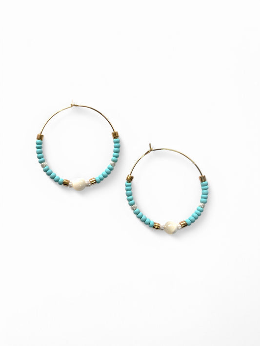 18k gold plated hand beaded hoop earrings, lightweight and hypoallergenic by Cappa Creations