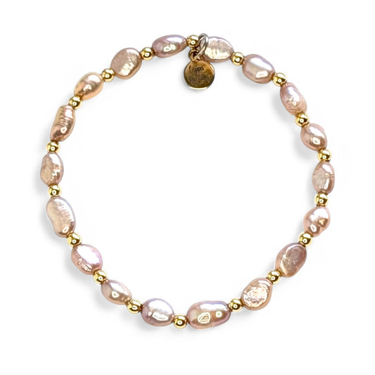 Close-up of Pearl Bracelet with 18k gold-filled beads and peach freshwater pearls, hypoallergenic and nickel-free by Cappa Creations