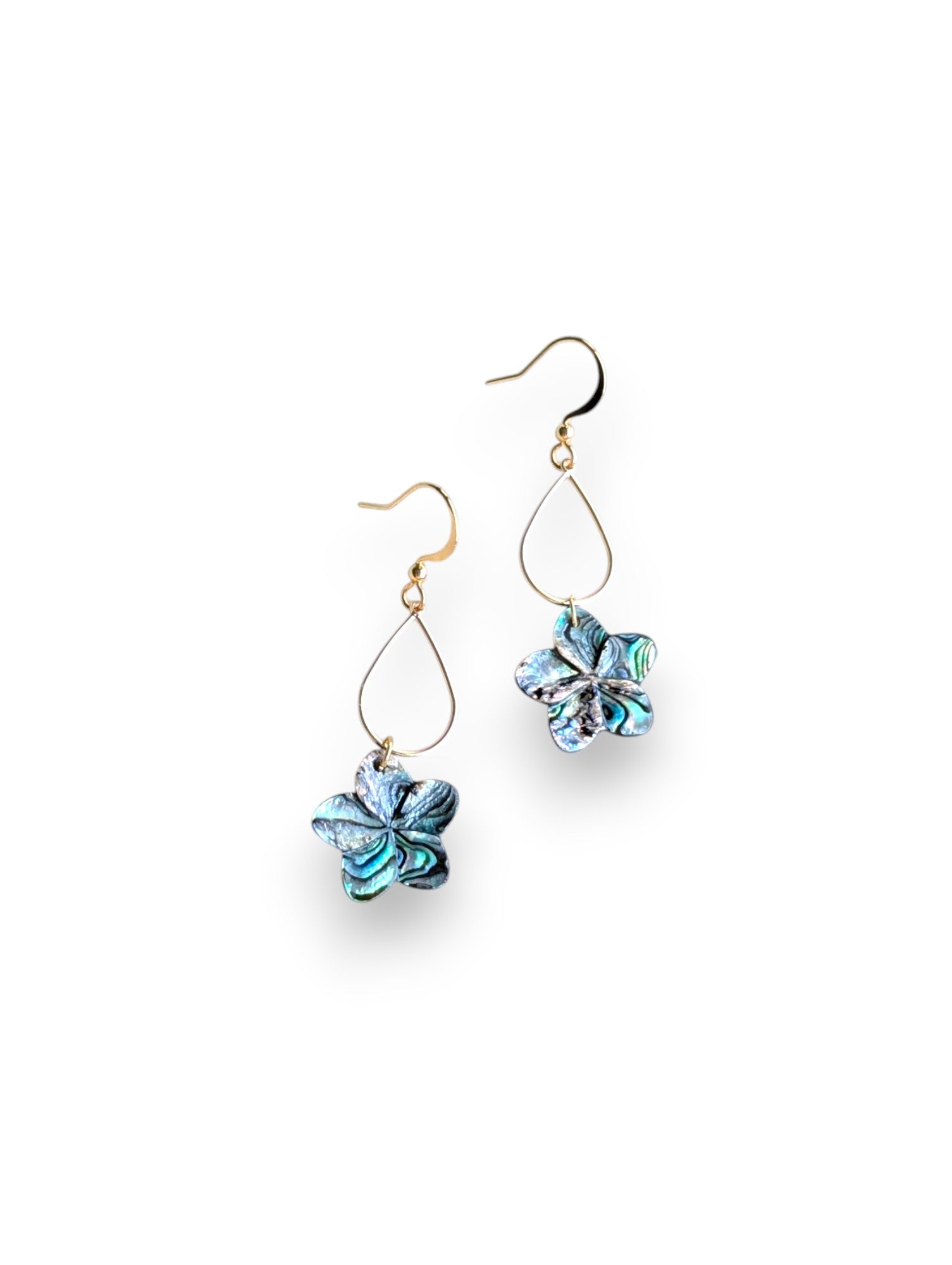 Plumie Dangle Earrings – abalone shell plumerias on gold teardrop.