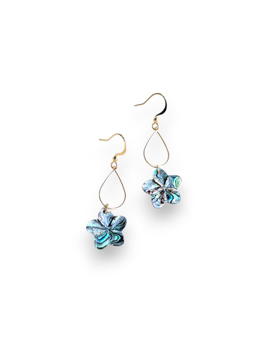 Plumie Dangle Earrings – abalone shell plumerias on gold teardrop.