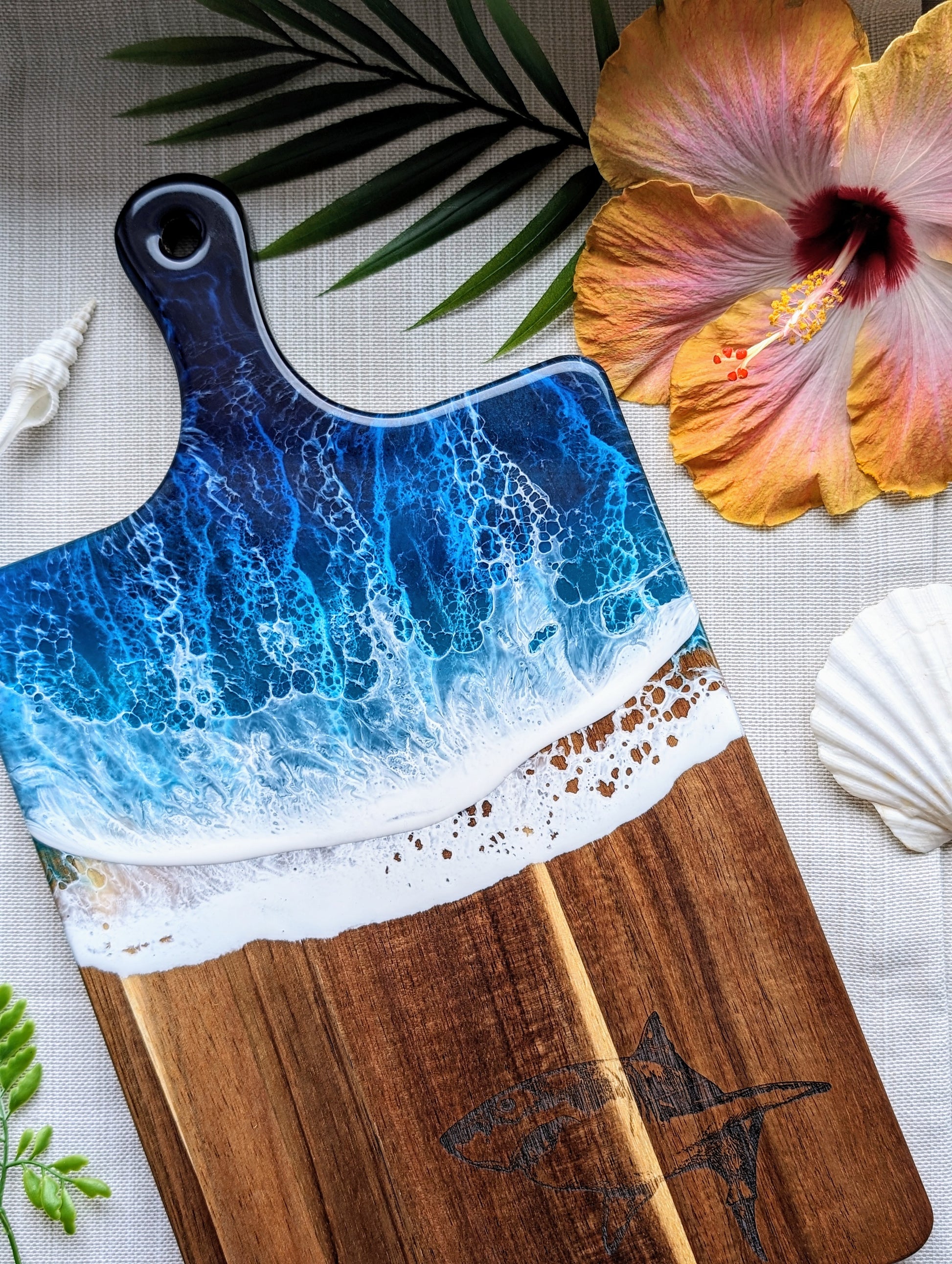 Cappa Creations coastal wave charcuterie board, handmade cheese board, serving tray, ocean art, resin wave board, beach board, tropical blue ocean waves, rustic acacia wood, large wave board with great white shark  engraving