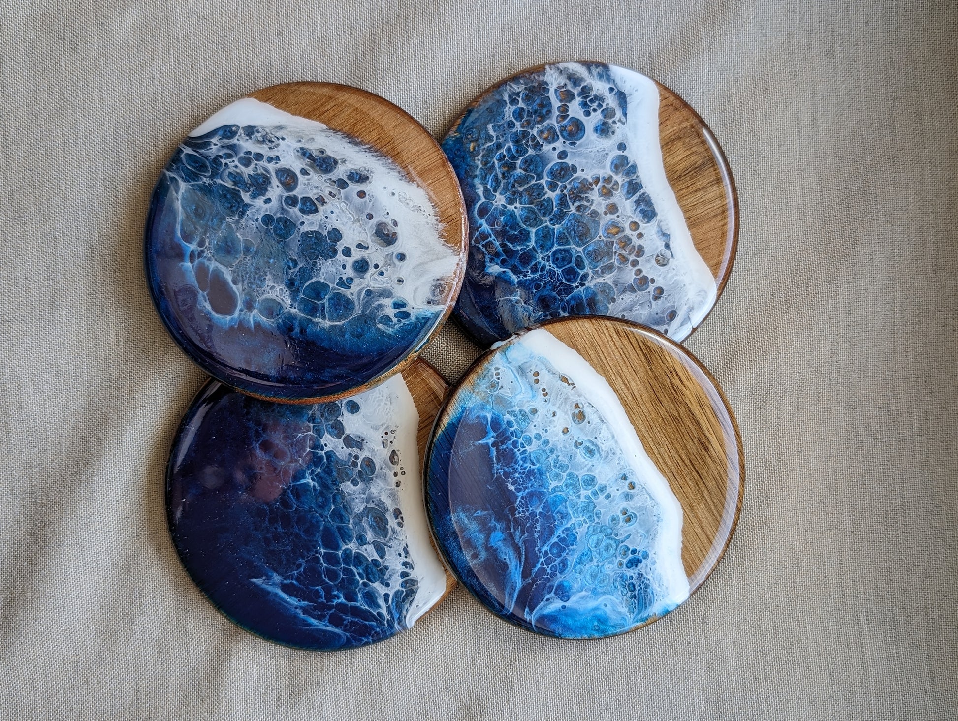 cappa creations coastal Acacia wood coasters with ocean waves, elegant entertaining, resin ocean coasters, ocean art & home decor, coastal, beach house, tropical ocean waves, set of 4 coasters